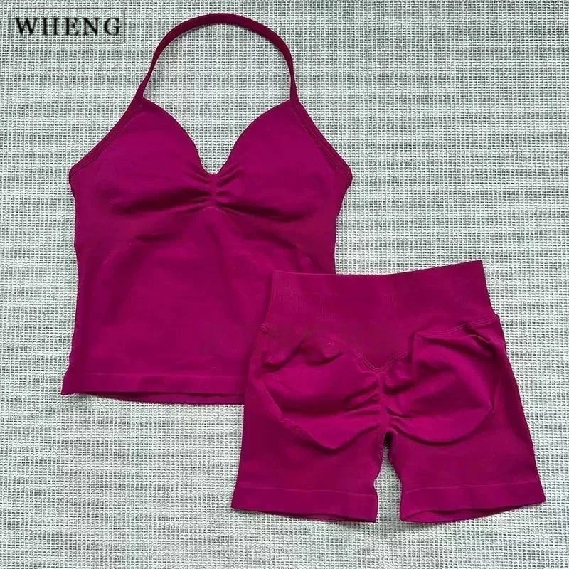 WHENG 2 Pieces Sports Set Women Backless Tank Tops High Waist Scrunch Seamless Shorts Sport Suit Gym Set Sportswear Workout Set