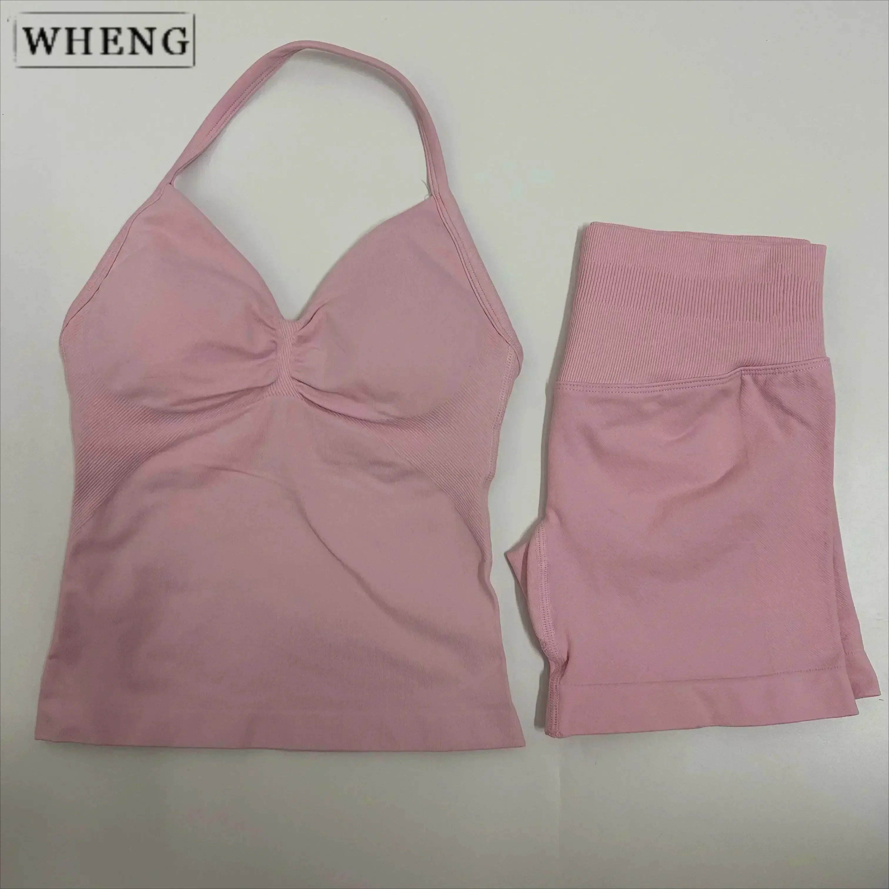 WHENG 2 Pieces Sports Set Women Backless Tank Tops High Waist Scrunch Seamless Shorts Sport Suit Gym Set Sportswear Workout Set