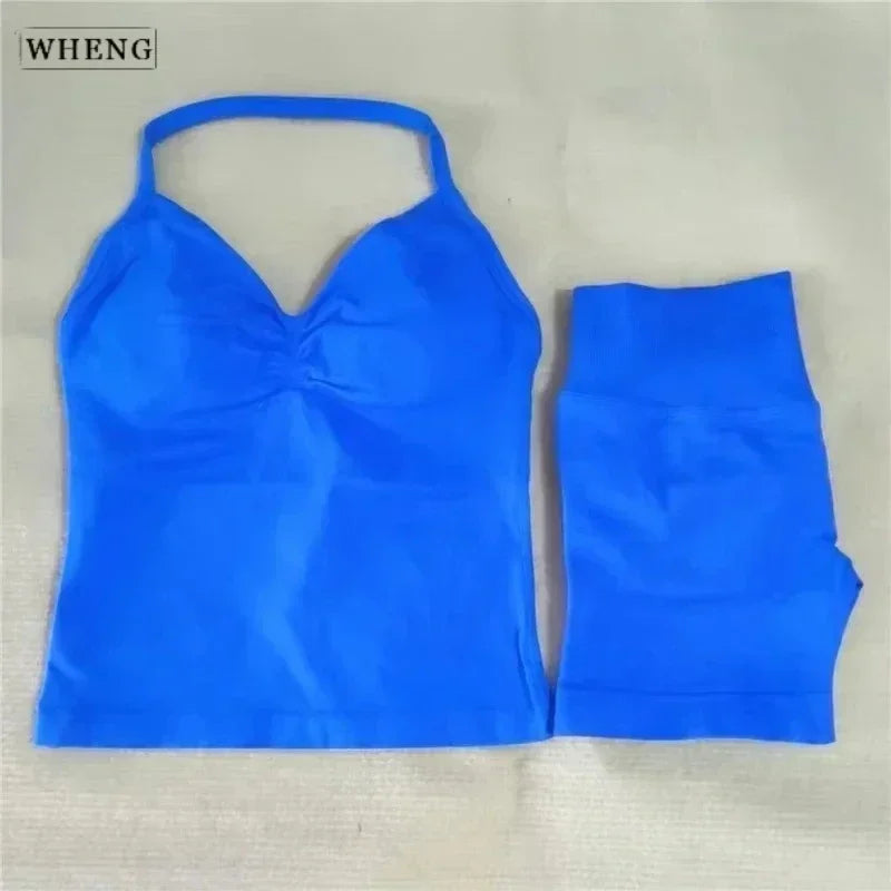 WHENG 2 Pieces Sports Set Women Backless Tank Tops High Waist Scrunch Seamless Shorts Sport Suit Gym Set Sportswear Workout Set