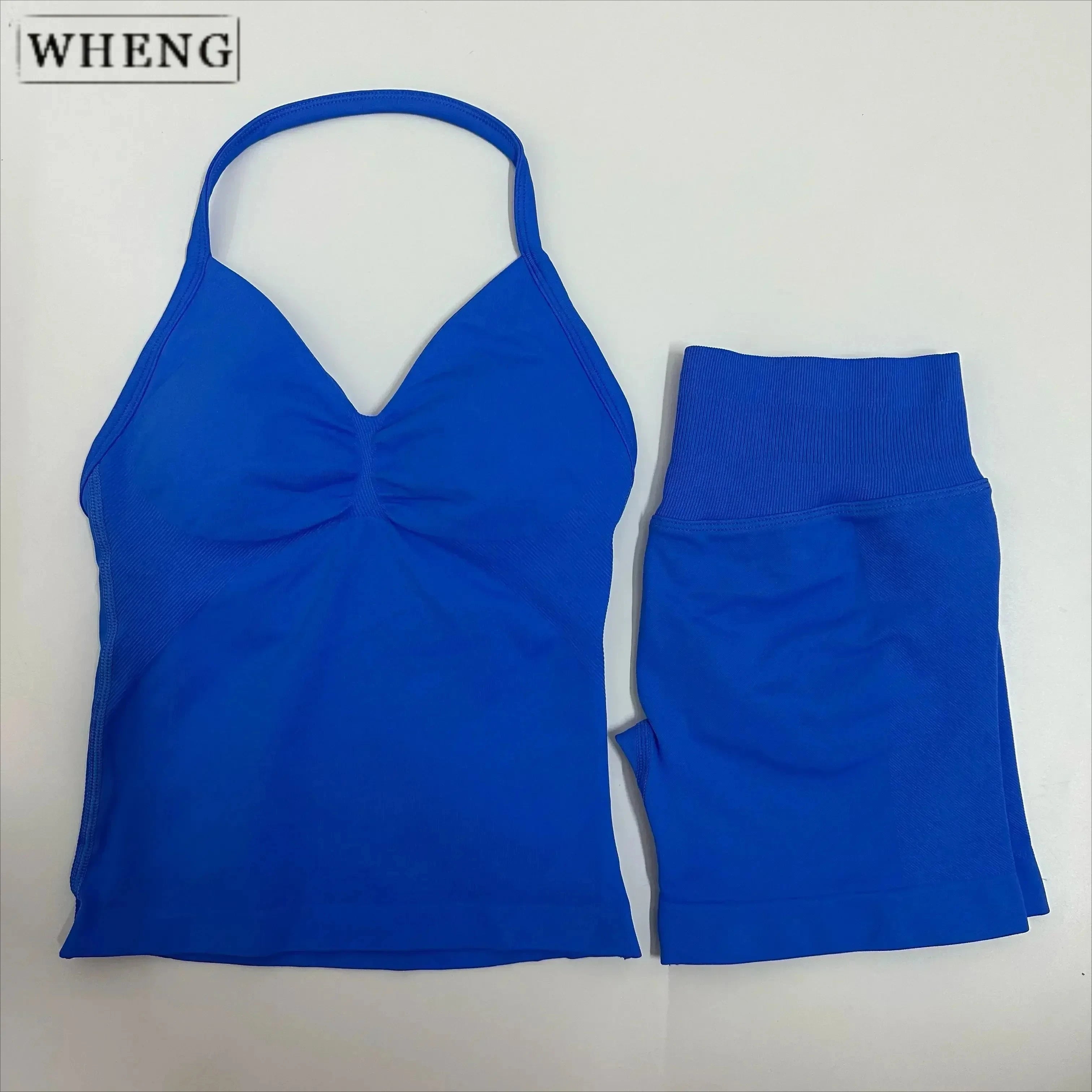 WHENG 2 Pieces Sports Set Women Backless Tank Tops High Waist Scrunch Seamless Shorts Sport Suit Gym Set Sportswear Workout Set
