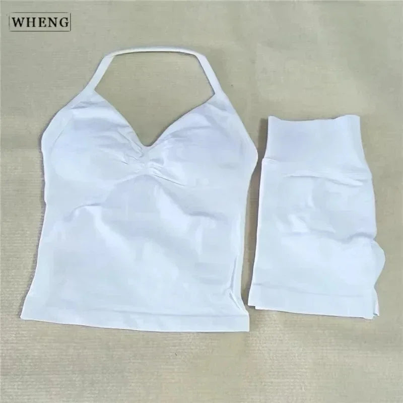 WHENG 2 Pieces Sports Set Women Backless Tank Tops High Waist Scrunch Seamless Shorts Sport Suit Gym Set Sportswear Workout Set