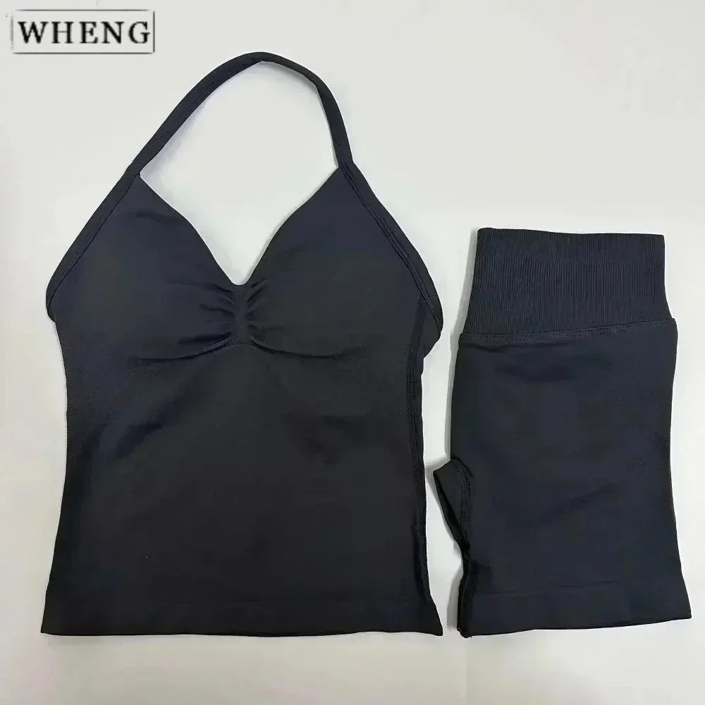 WHENG 2 Pieces Sports Set Women Backless Tank Tops High Waist Scrunch Seamless Shorts Sport Suit Gym Set Sportswear Workout Set