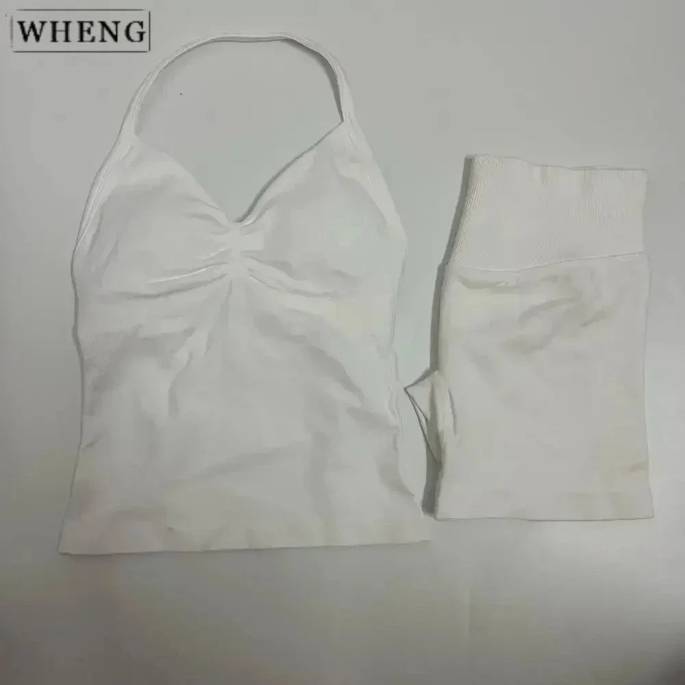 WHENG 2 Pieces Sports Set Women Backless Tank Tops High Waist Scrunch Seamless Shorts Sport Suit Gym Set Sportswear Workout Set