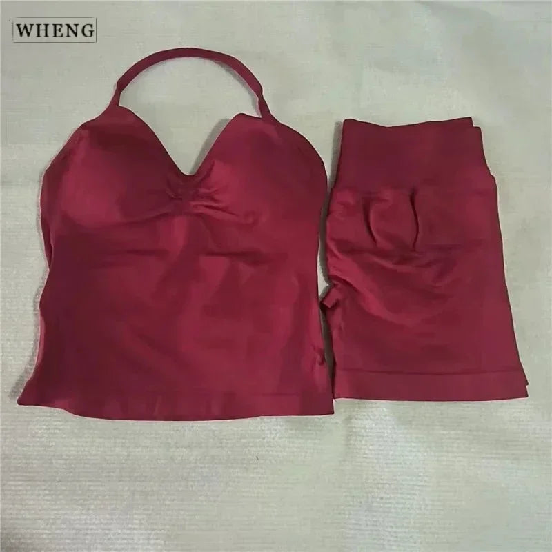 WHENG 2 Pieces Sports Set Women Backless Tank Tops High Waist Scrunch Seamless Shorts Sport Suit Gym Set Sportswear Workout Set