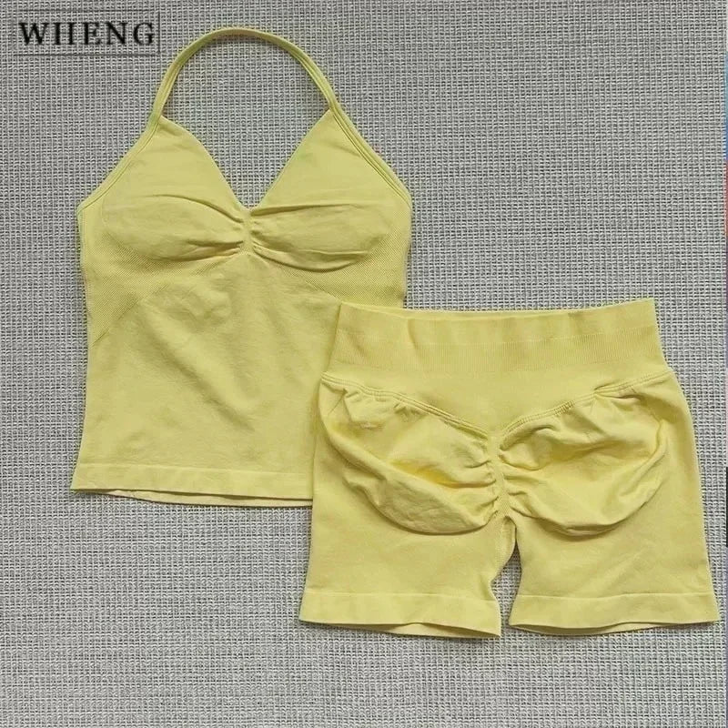 WHENG 2 Pieces Sports Set Women Backless Tank Tops High Waist Scrunch Seamless Shorts Sport Suit Gym Set Sportswear Workout Set