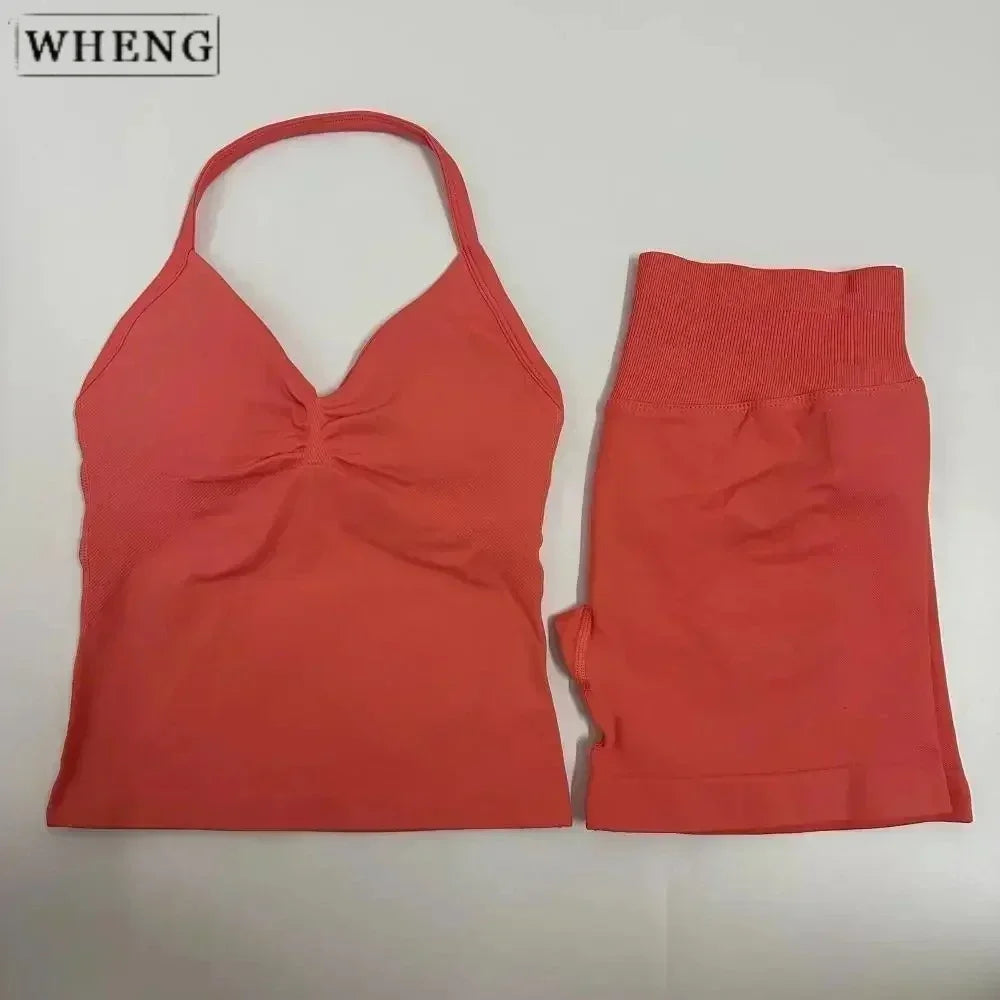 WHENG 2 Pieces Sports Set Women Backless Tank Tops High Waist Scrunch Seamless Shorts Sport Suit Gym Set Sportswear Workout Set