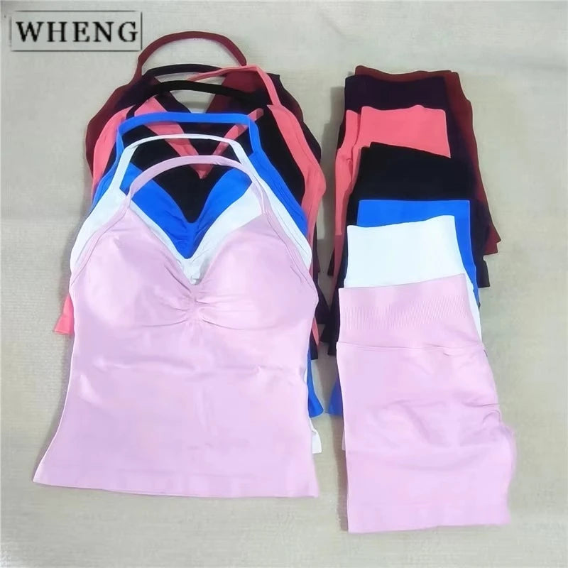 WHENG 2 Pieces Sports Set Women Backless Tank Tops High Waist Scrunch Seamless Shorts Sport Suit Gym Set Sportswear Workout Set