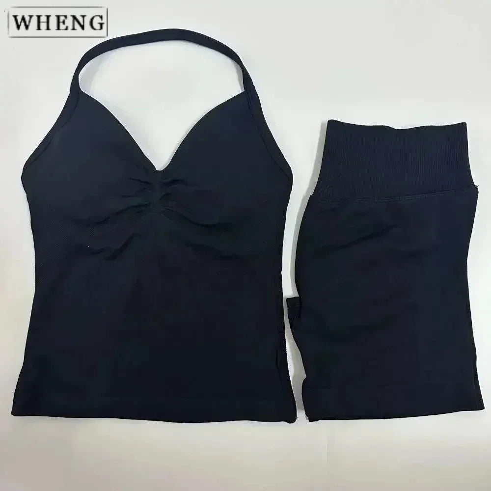 WHENG 2 Pieces Sports Set Women Backless Tank Tops High Waist Scrunch Seamless Shorts Sport Suit Gym Set Sportswear Workout Set