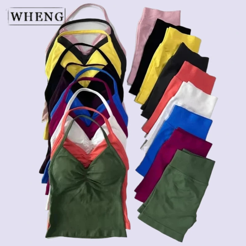 WHENG 2 Pieces Sports Set Women Backless Tank Tops High Waist Scrunch Seamless Shorts Sport Suit Gym Set Sportswear Workout Set