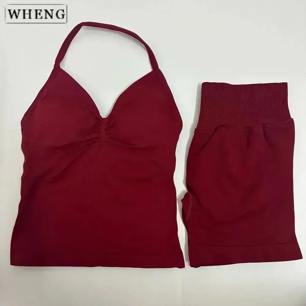 WHENG 2 Pieces Sports Set Women Backless Tank Tops High Waist Scrunch Seamless Shorts Sport Suit Gym Set Sportswear Workout Set