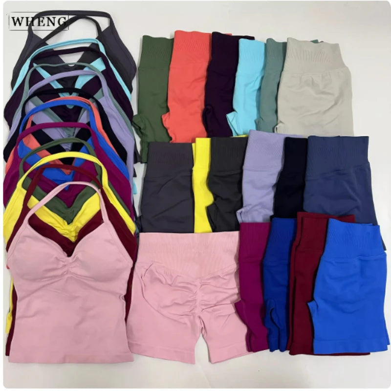 WHENG 2 Pieces Sports Set Women Backless Tank Tops High Waist Scrunch Seamless Shorts Sport Suit Gym Set Sportswear Workout Set